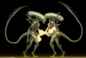 Alien Quest Eve enjoing two alien cocks