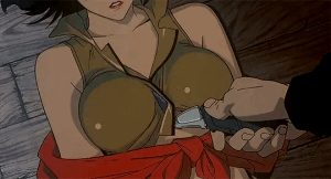 Faye Valentine from “Cowboy Bebop” having her shirt ripped open