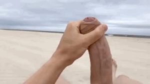 Massive uncut white cock solo cumshot in the beach pov